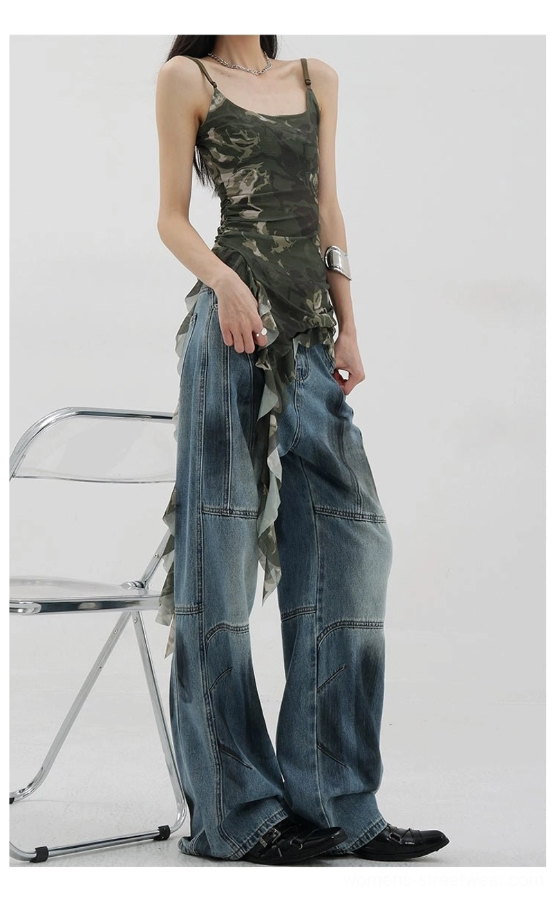 Vintage distressed wide-leg jeans size L on model showing large size fit proportions and silhouette for sizing reference and fit guidance