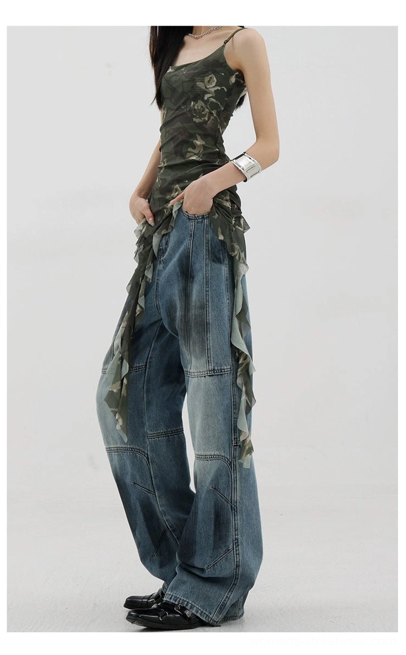 Vintage distressed wide-leg jeans size M on model illustrating medium size proportions fit and silhouette for accurate sizing selection