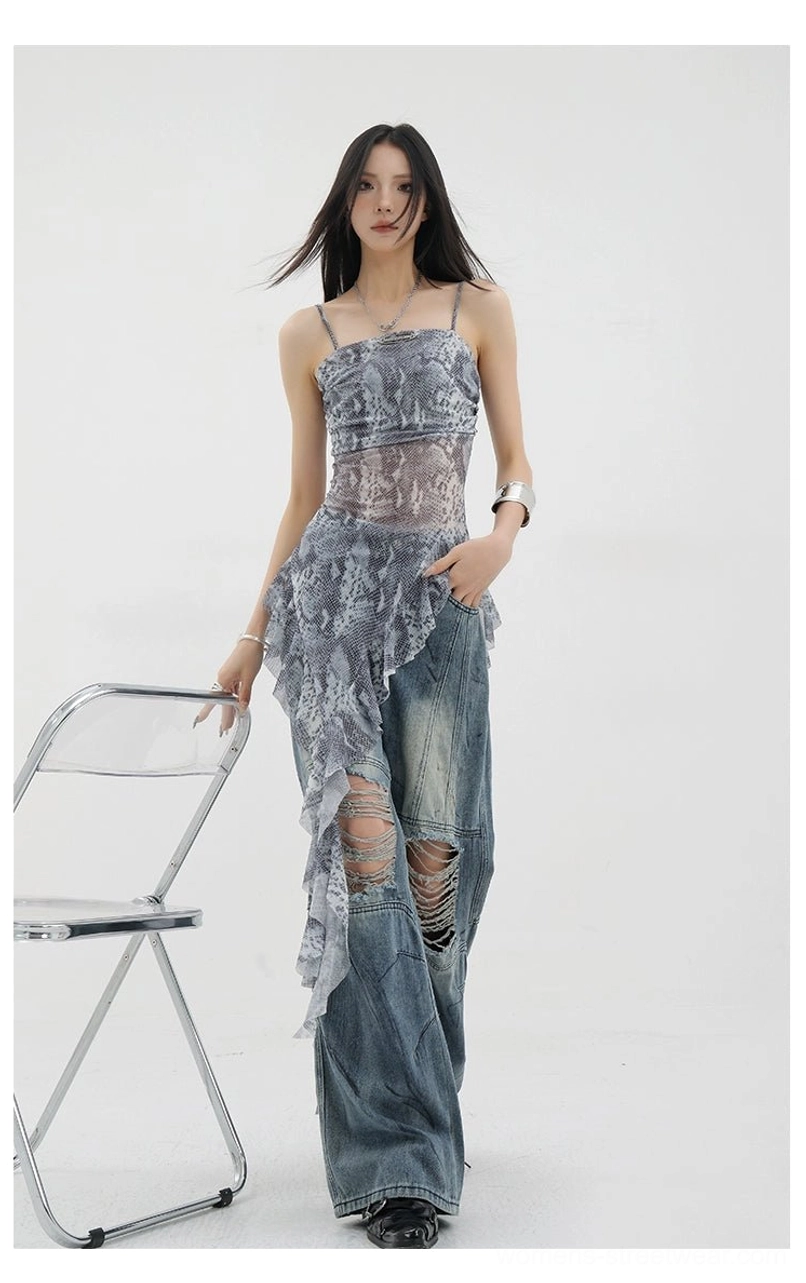 Vintage distressed wide-leg jeans streetwear fashion editorial featuring product in contemporary urban setting demonstrating real-world grunge aesthetic application