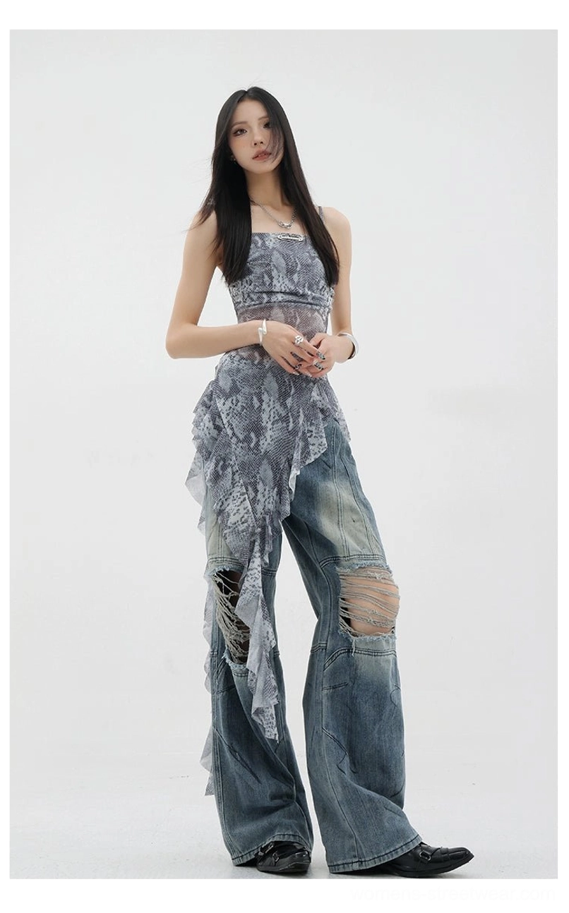 Vintage distressed wide-leg jeans styling inspiration mood board showing various outfit combinations with hoodies jackets minimal tops and footwear options