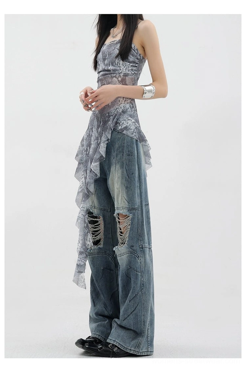 Vintage distressed wide-leg jeans before and after styling transformation showing neutral outfit elevated with jeans for maximum impact and personality