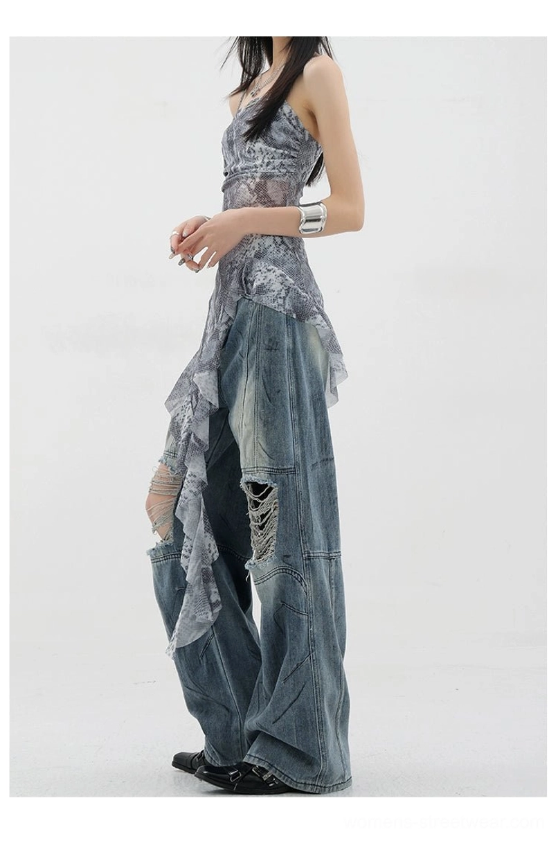 Vintage distressed wide-leg jeans sustainability and longevity statement highlighting durable construction engineered to maintain character and integrity through extended wear