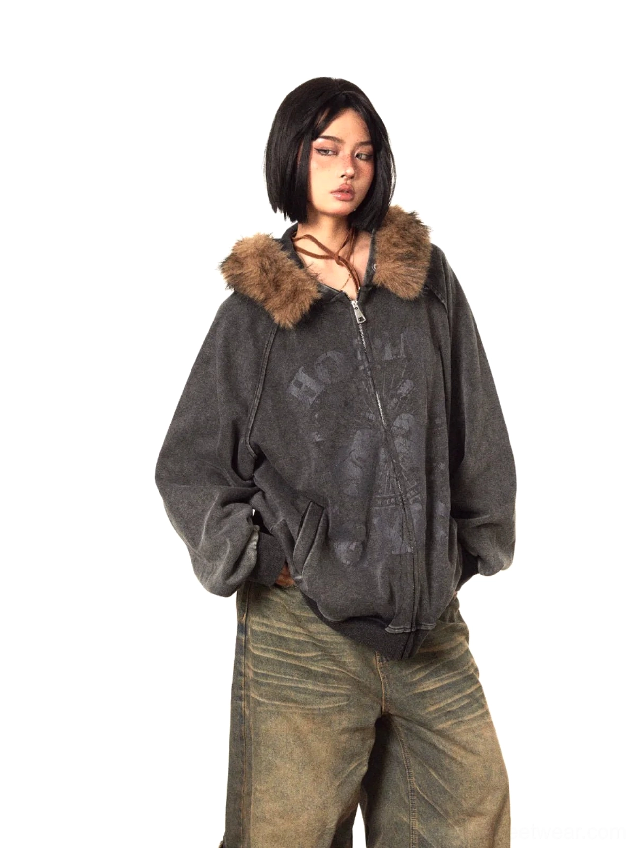 Vintage faded black grey faux fur trim hooded zip-up jacket with oversized fit, graphic chest detail, and casual streetwear styling