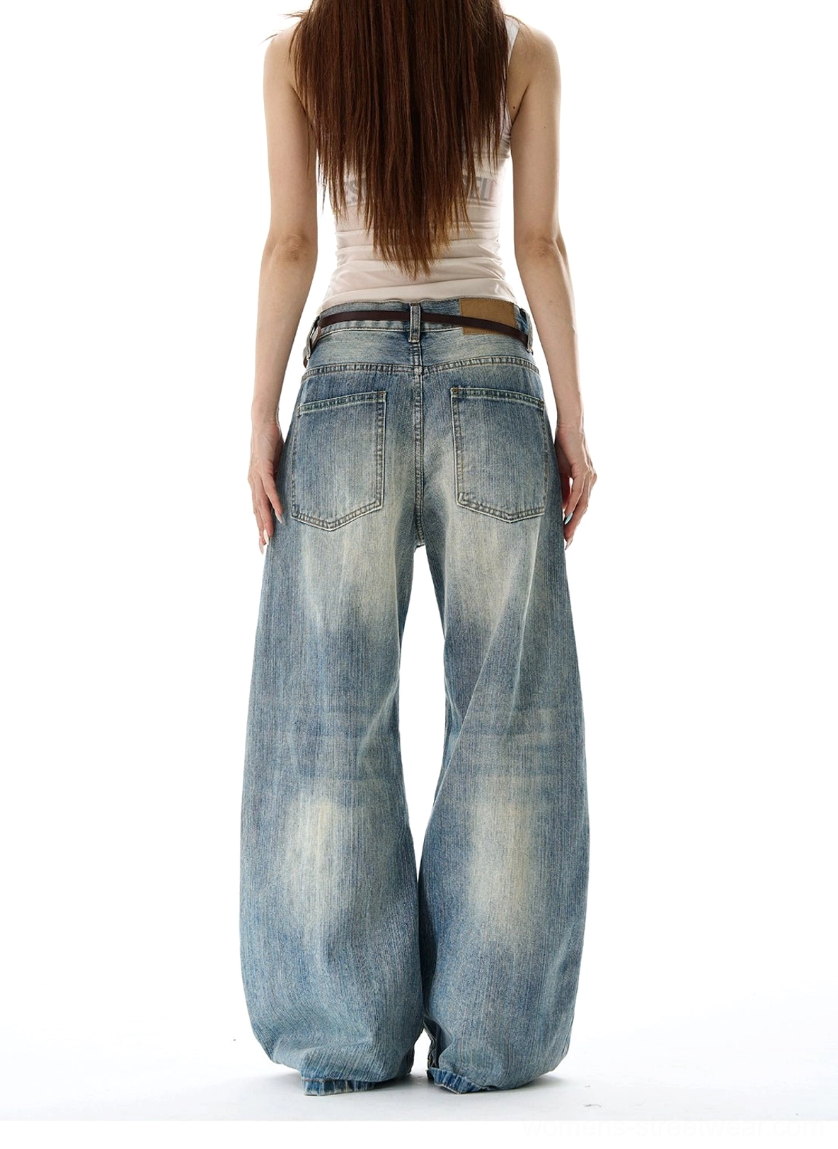 Vintage faded blue wide leg denim jeans back full body view with classic five pocket design