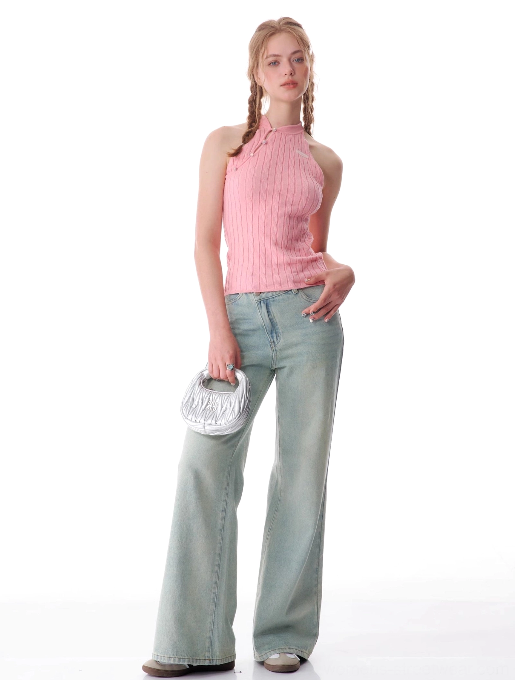Vintage faded light wash wide leg jeans with modern crossover waist for women's casual streetwear outfits