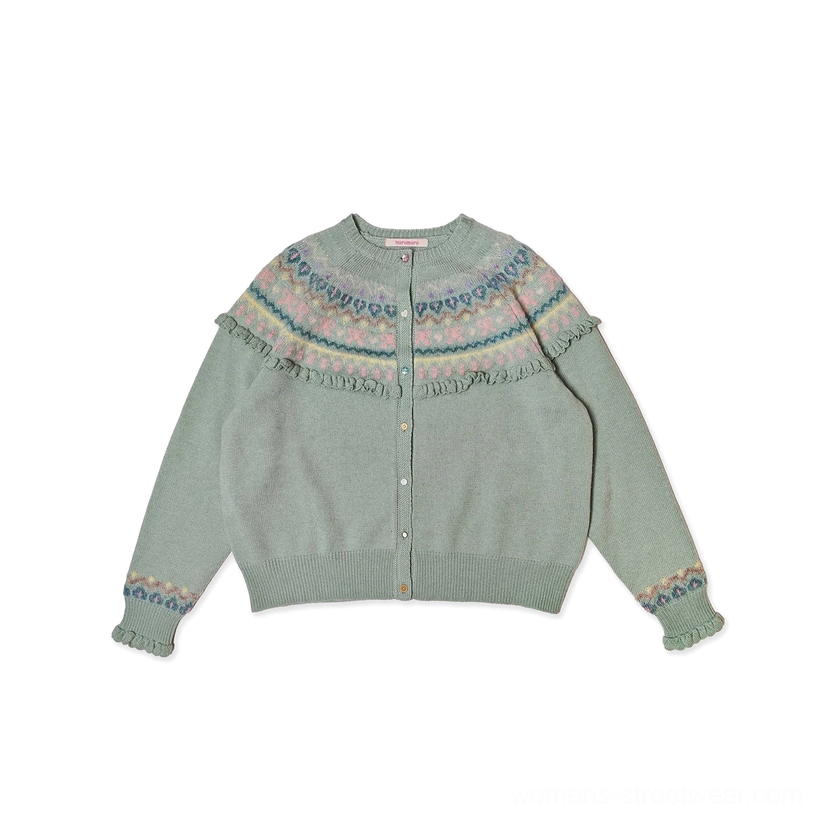 Fair Isle fringe knit cardigan product view featuring a vintage patterned yoke, textured crochet-style knit, and decorative trim