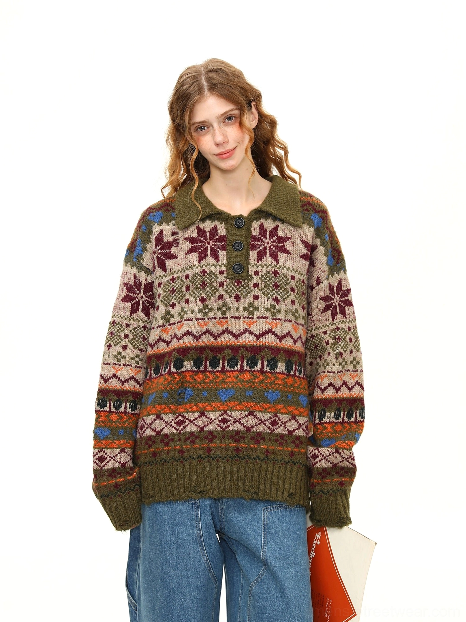 Front full view of a vintage Fair Isle polo sweater with olive green ribbed trims, warm-toned geometric print, and oversized Korean streetwear fit
