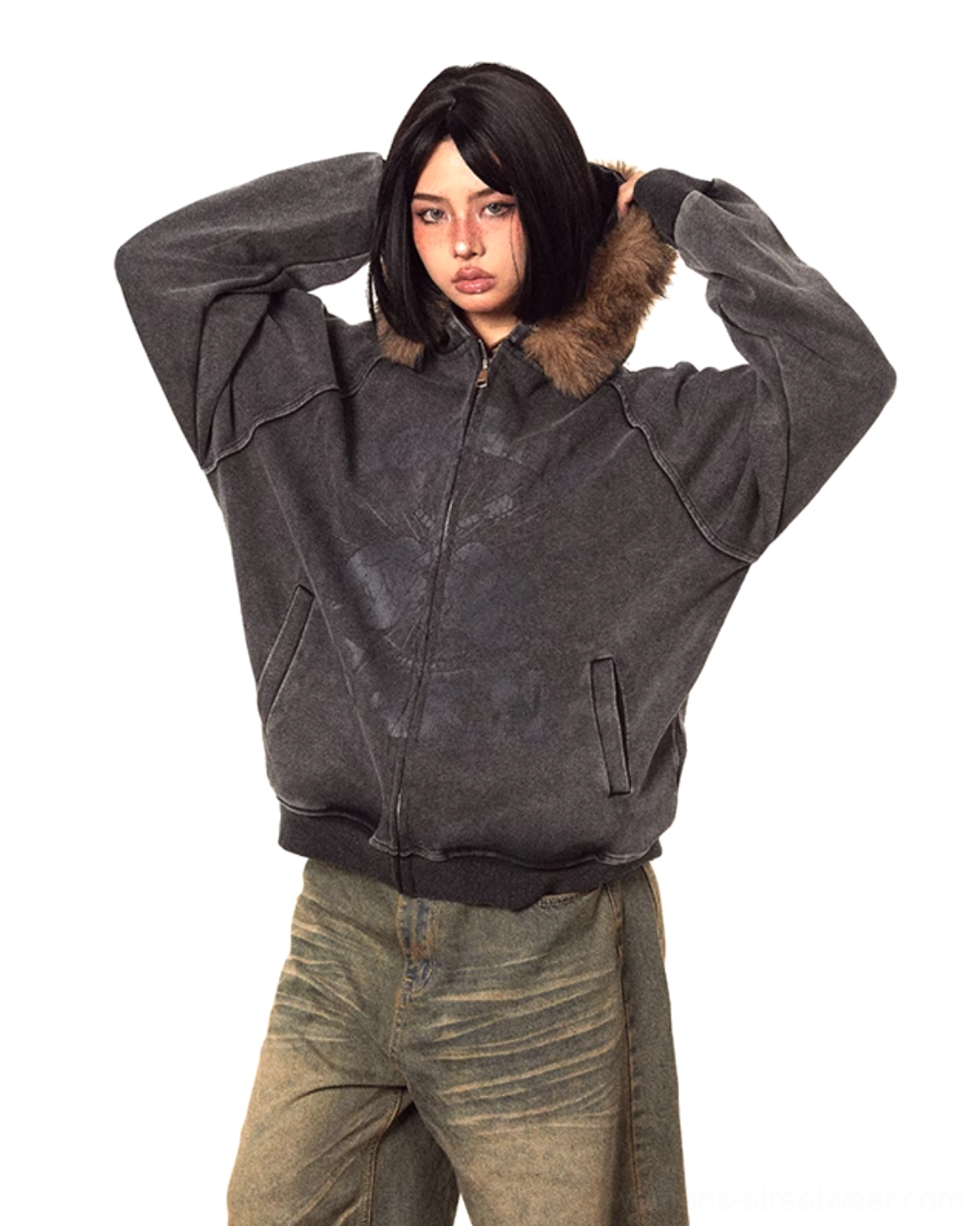 Vintage faux fur trim hooded zip-up jacket in oversized Y2K streetwear style with washed finish and retro graphic detail