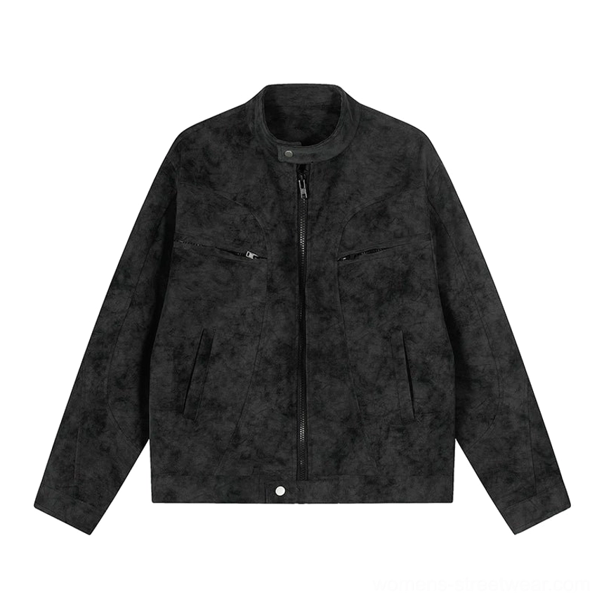 Black vintage faux suede zip trucker jacket with stand collar and relaxed oversized streetwear fit