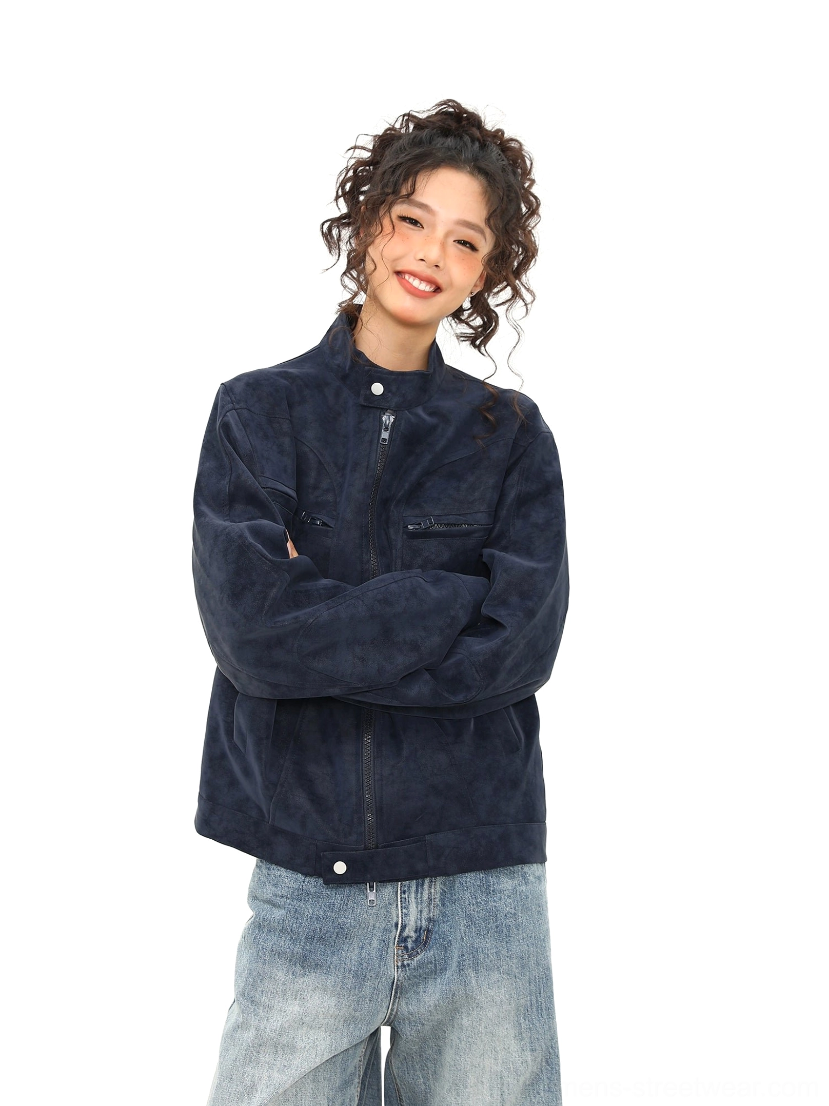 Dark blue faux suede trucker jacket with snap stand collar front zipper and adjustable hem tabs front view