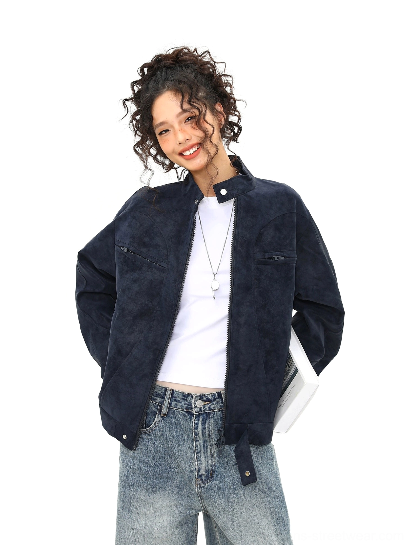 Dark blue vintage faux suede zip trucker jacket with brushed matte texture and relaxed oversized fit