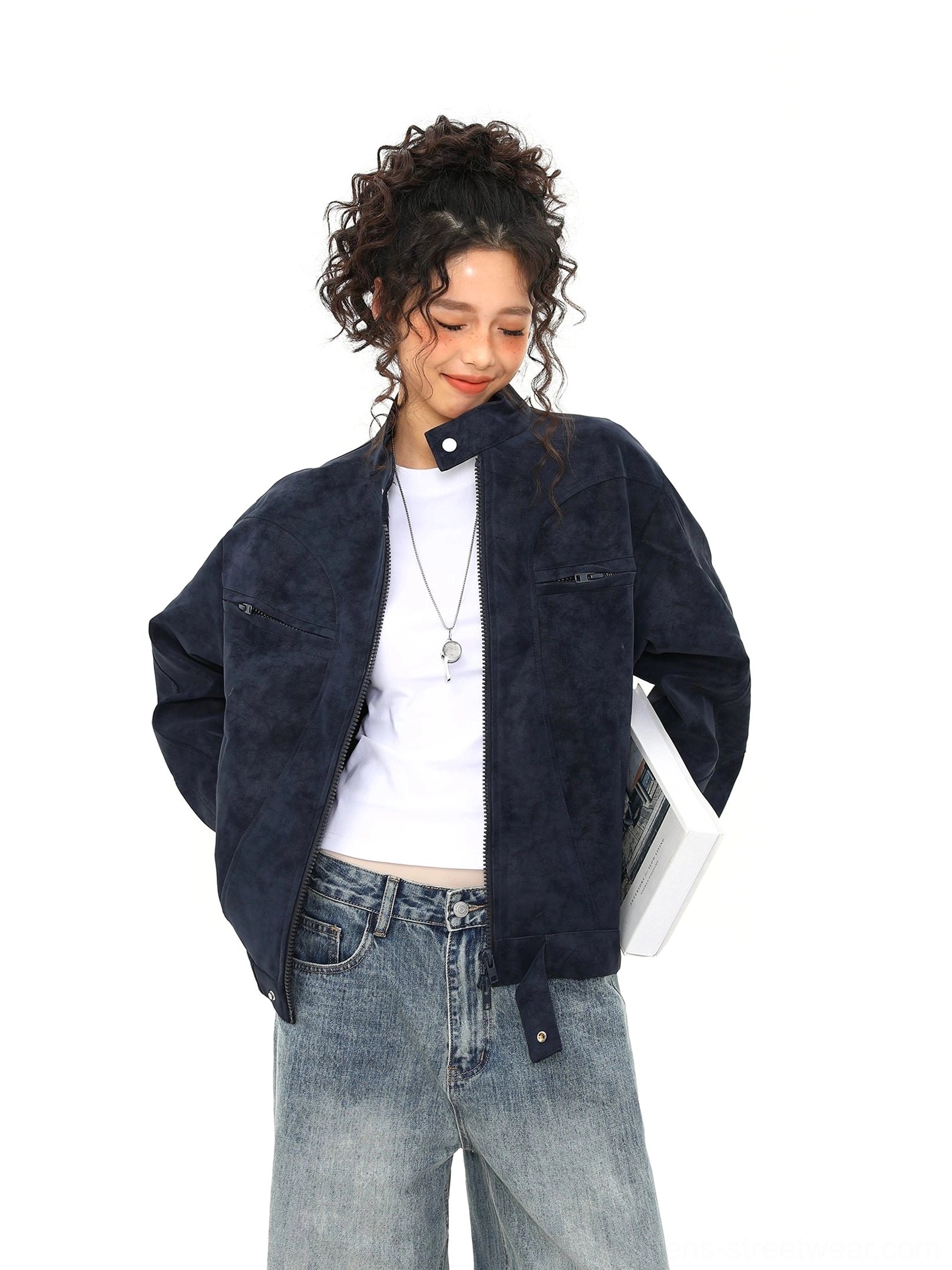 Dark blue faux suede vintage trucker jacket with open collar chest pockets and adjustable side hem tabs