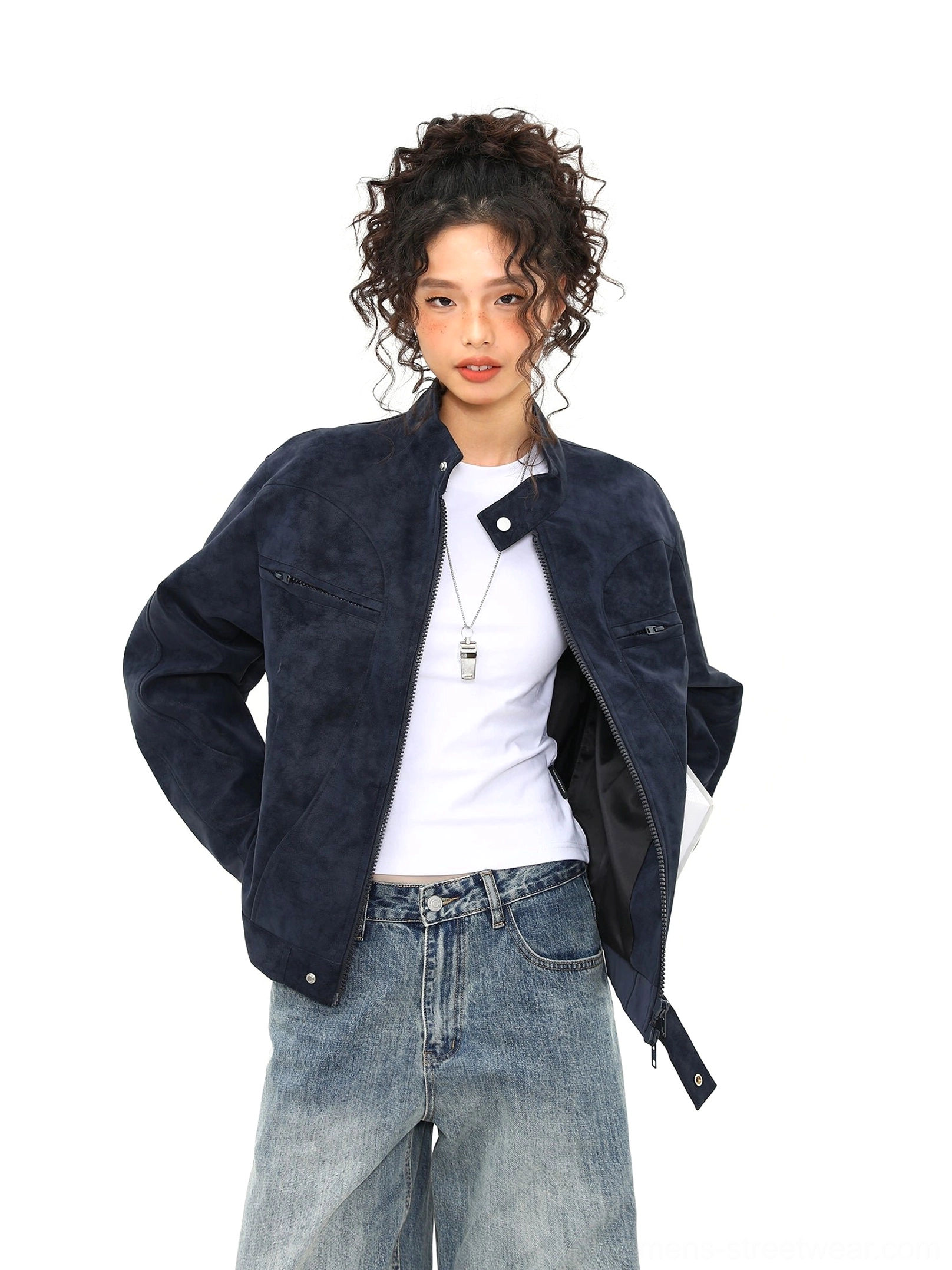 Open dark blue faux suede zip trucker jacket showing black inner lining layered over a white T-shirt
