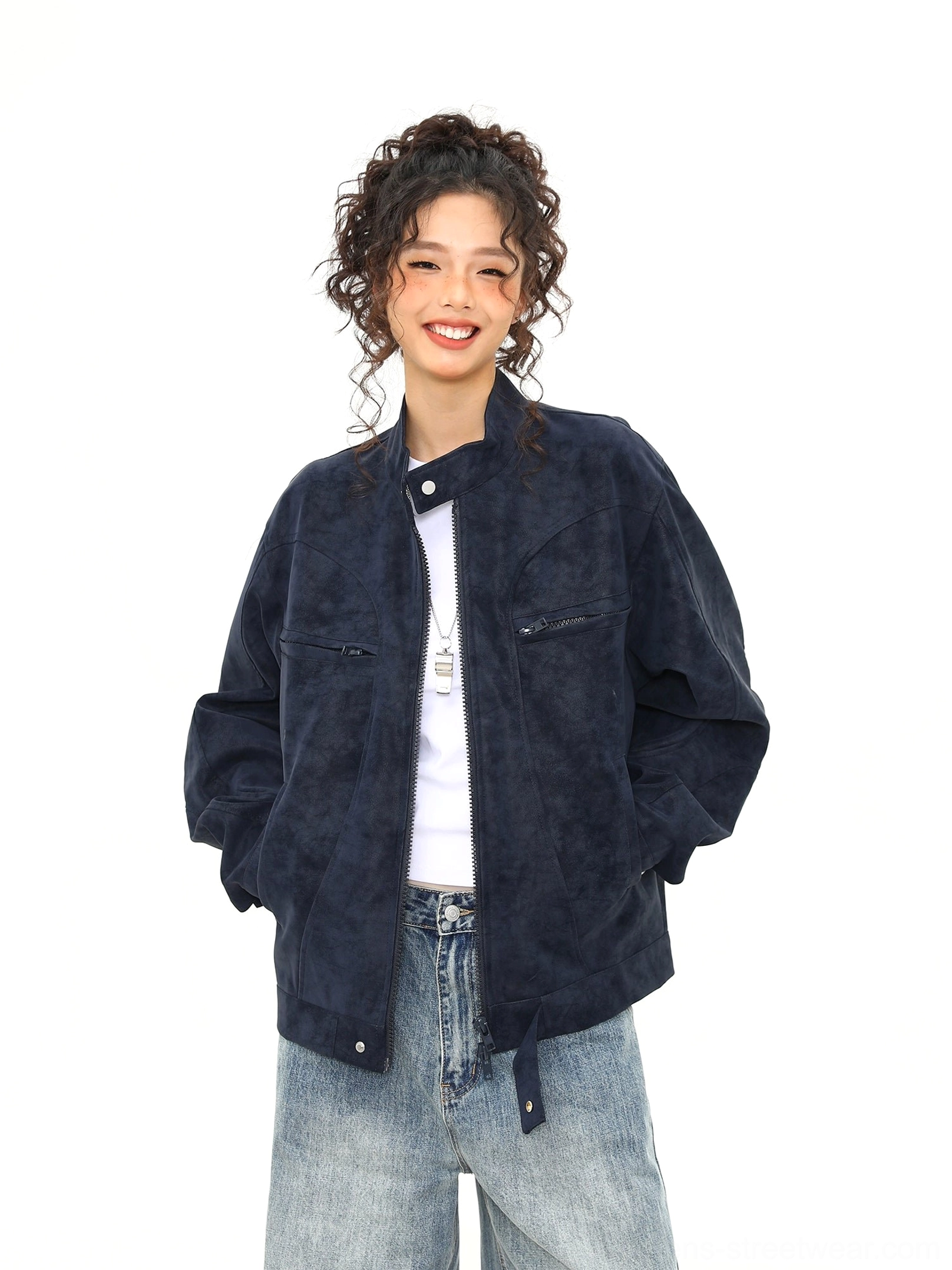 Dark blue relaxed fit faux suede zip jacket with stand collar and side hand pockets full outfit view
