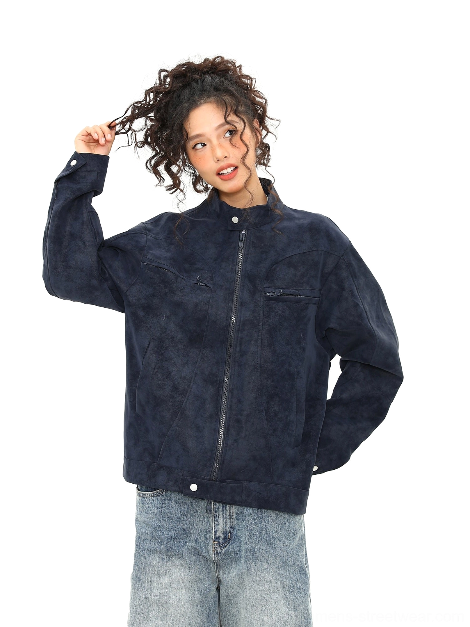 Dark blue faux suede streetwear trucker jacket with stand collar chest pockets and dropped shoulders