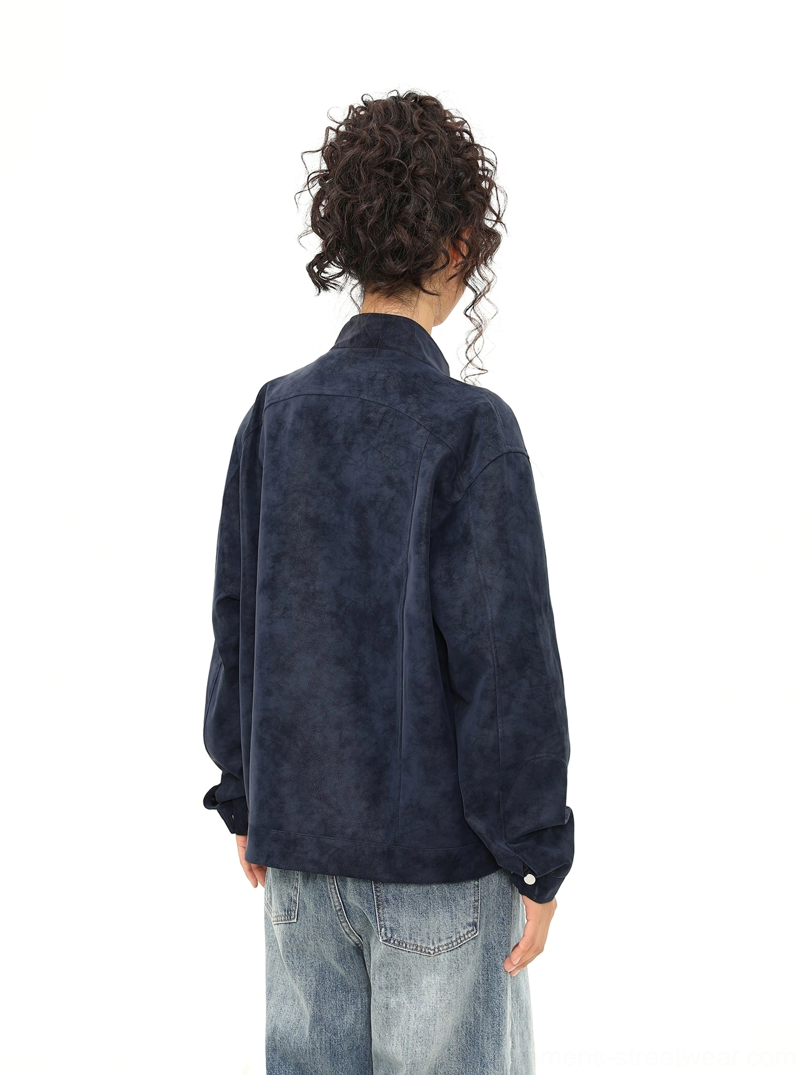 Vintage faux suede zip trucker jacket with stand collar and relaxed streetwear silhouette product detail view