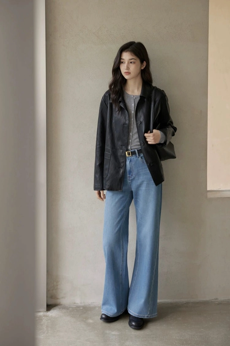 Vintage-inspired black leather jacket with button front and practical pockets for women