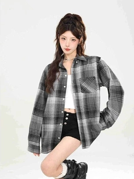Vintage inspired oversized plaid shirt for Y2K streetwear product view 33