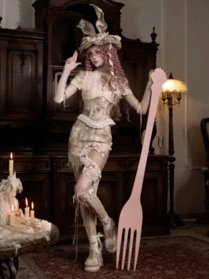 Vintage lace heart cutout corset top styled in romantic lolita streetwear with cream beige lace patchwork, matching lace bunny ear headpiece, and antique interior setting