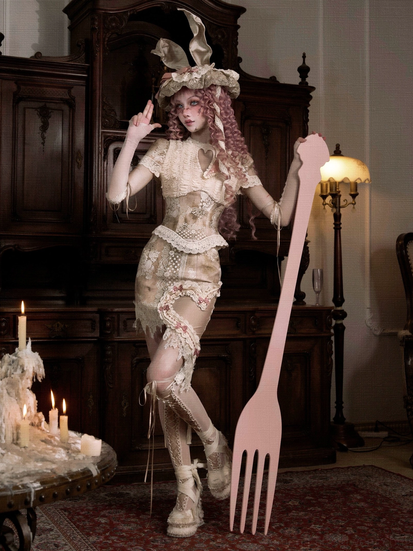 Vintage lace heart cutout corset top styled in romantic lolita streetwear with cream beige lace patchwork, matching lace bunny ear headpiece, and antique interior setting