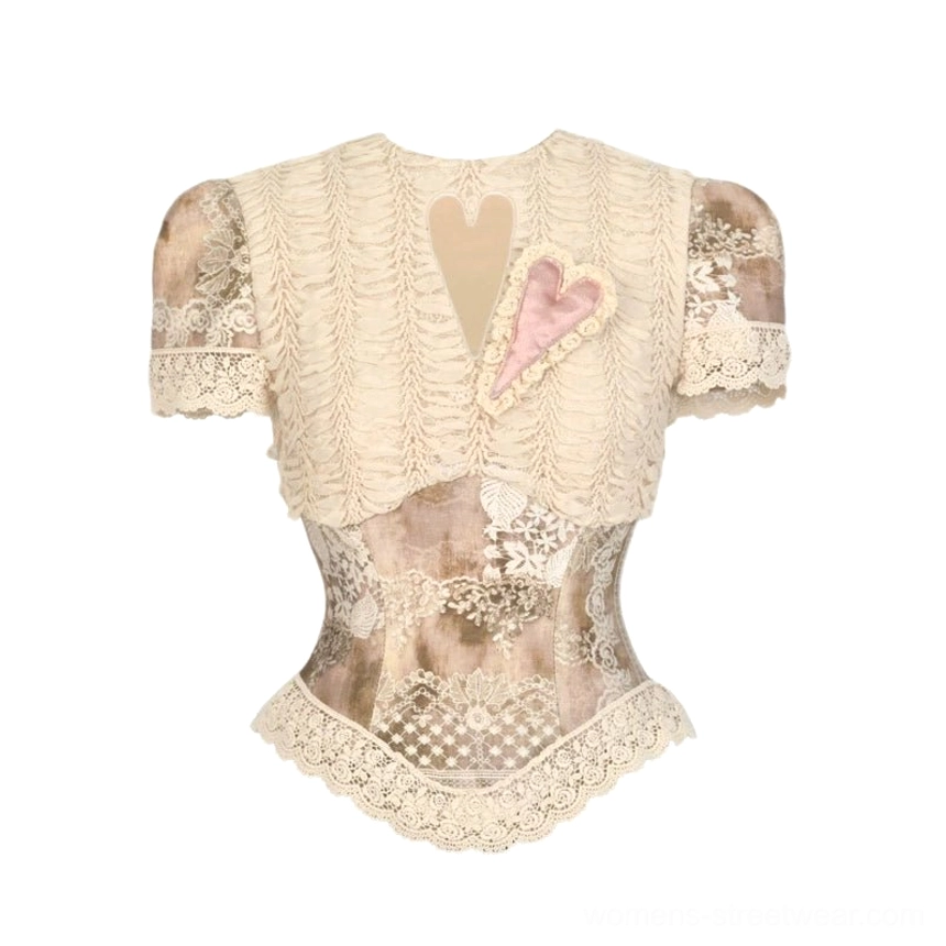 Vintage lace hollow heart corset top in cream beige with fitted waist, ruched patchwork texture, scalloped trim, and romantic streetwear styling