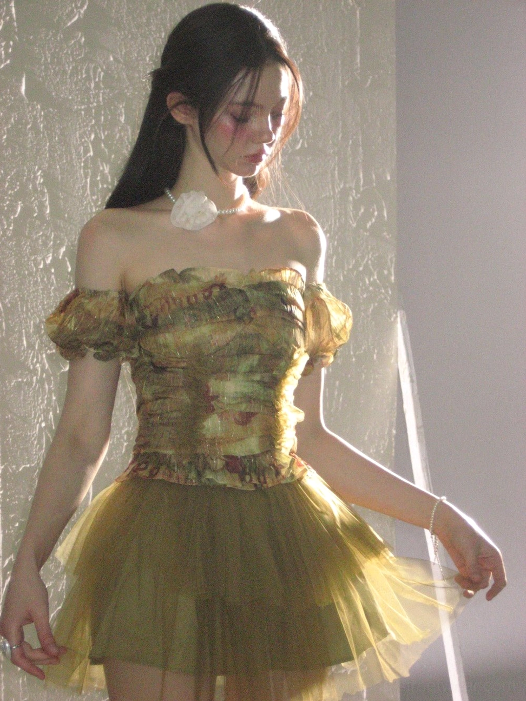 Vintage inspired olive green tulle mini skirt and fitted rose print tube-top outfit