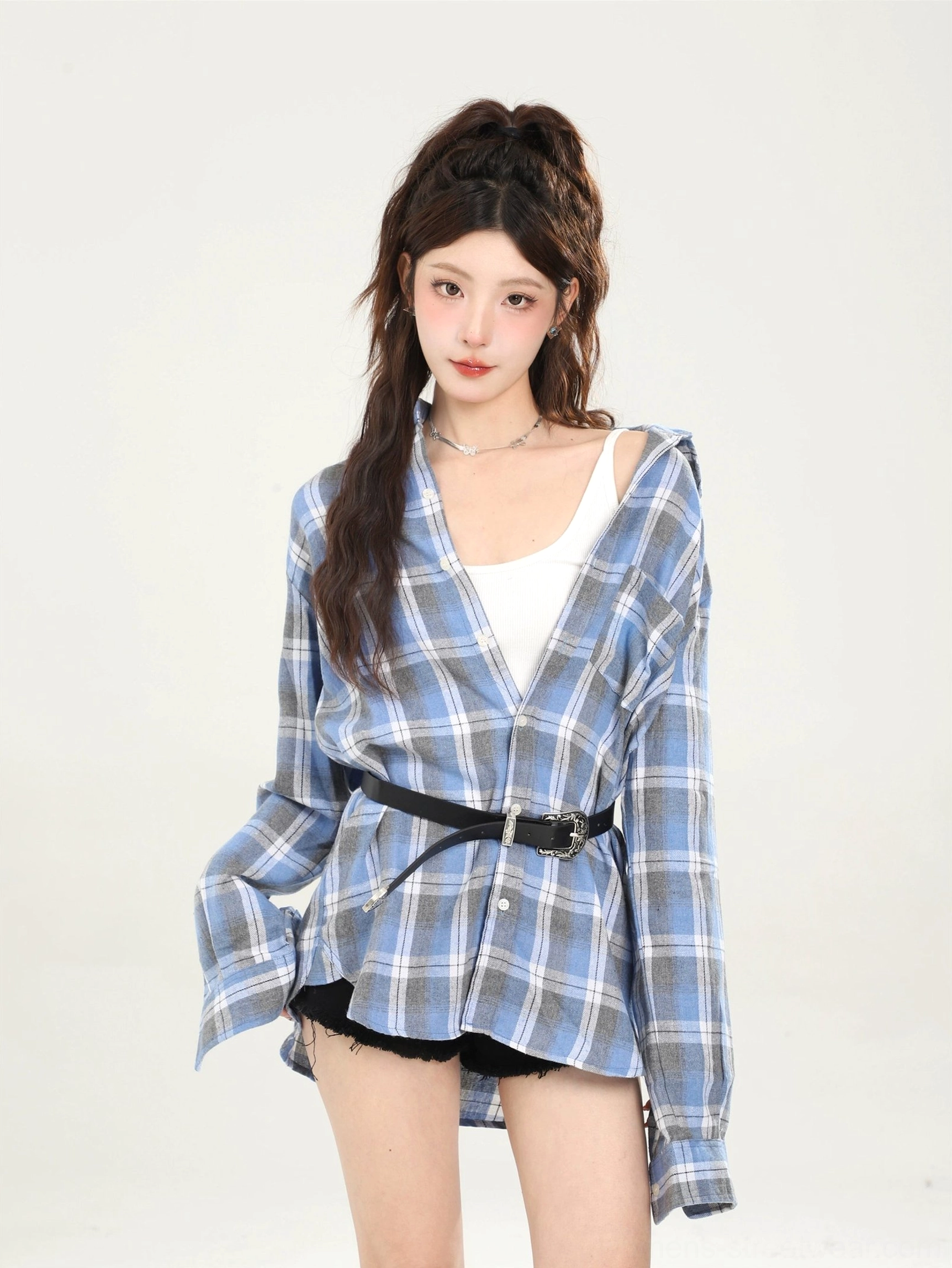 Vintage plaid oversized shirt for Korean streetwear layering product view 12