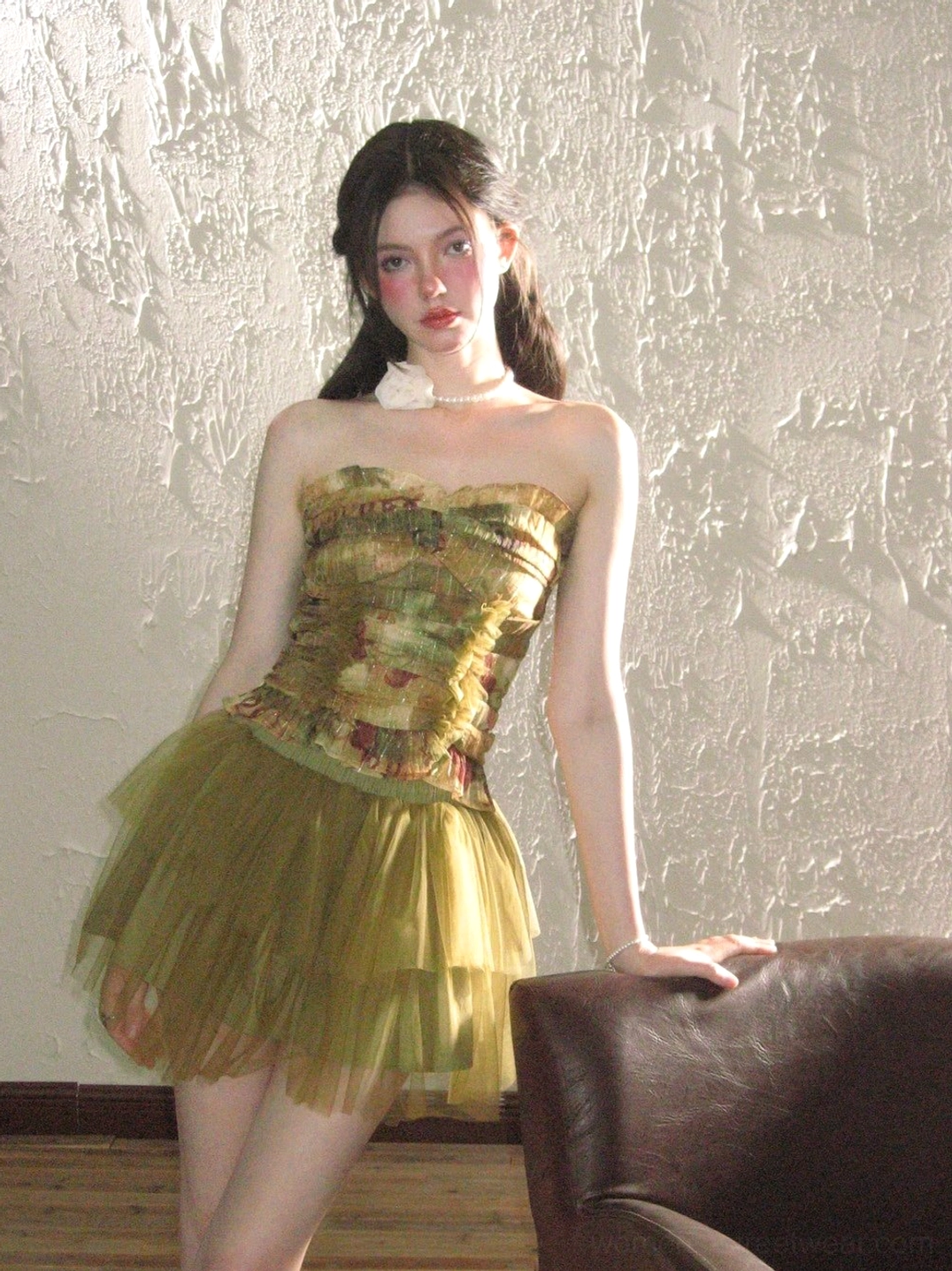 Vintage printed tulle mini skirt set with ruched sweetheart corset neckline shown in a relaxed side pose