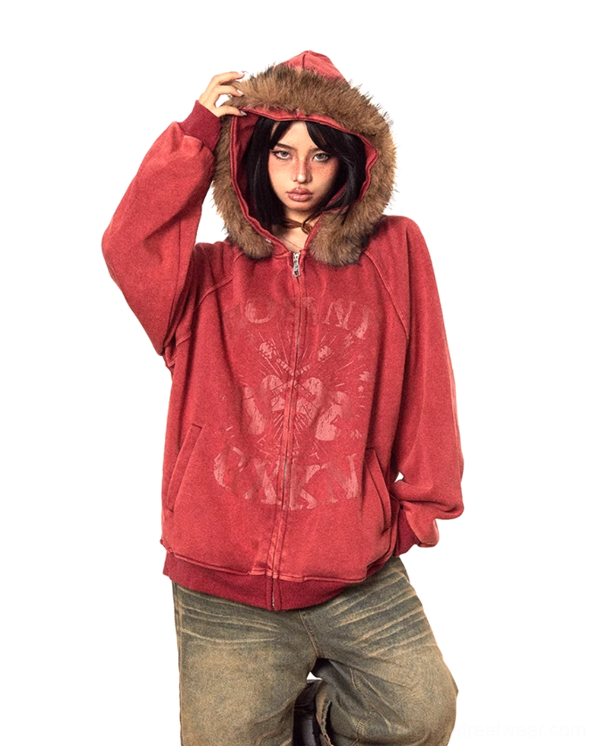 Vintage red oversized zip-up hooded jacket with brown faux fur trim, faded finish, and relaxed Korean streetwear styling