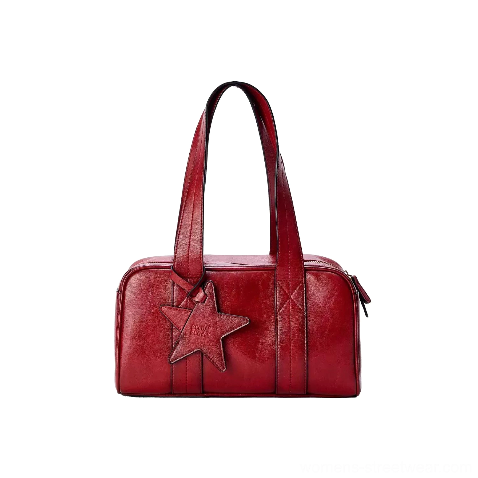 Bright red vintage star east-west bowling handbag front studio view with zip-top closure, twin handles, and star charm