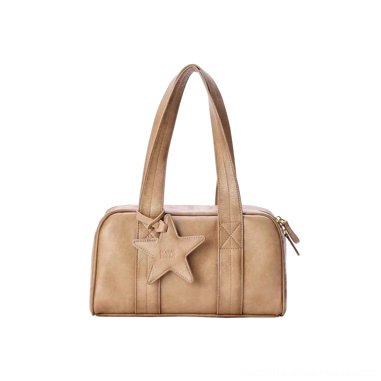 Camel vintage star east-west bowling handbag front studio view with dual top handles, zip closure, and dimensional star charm