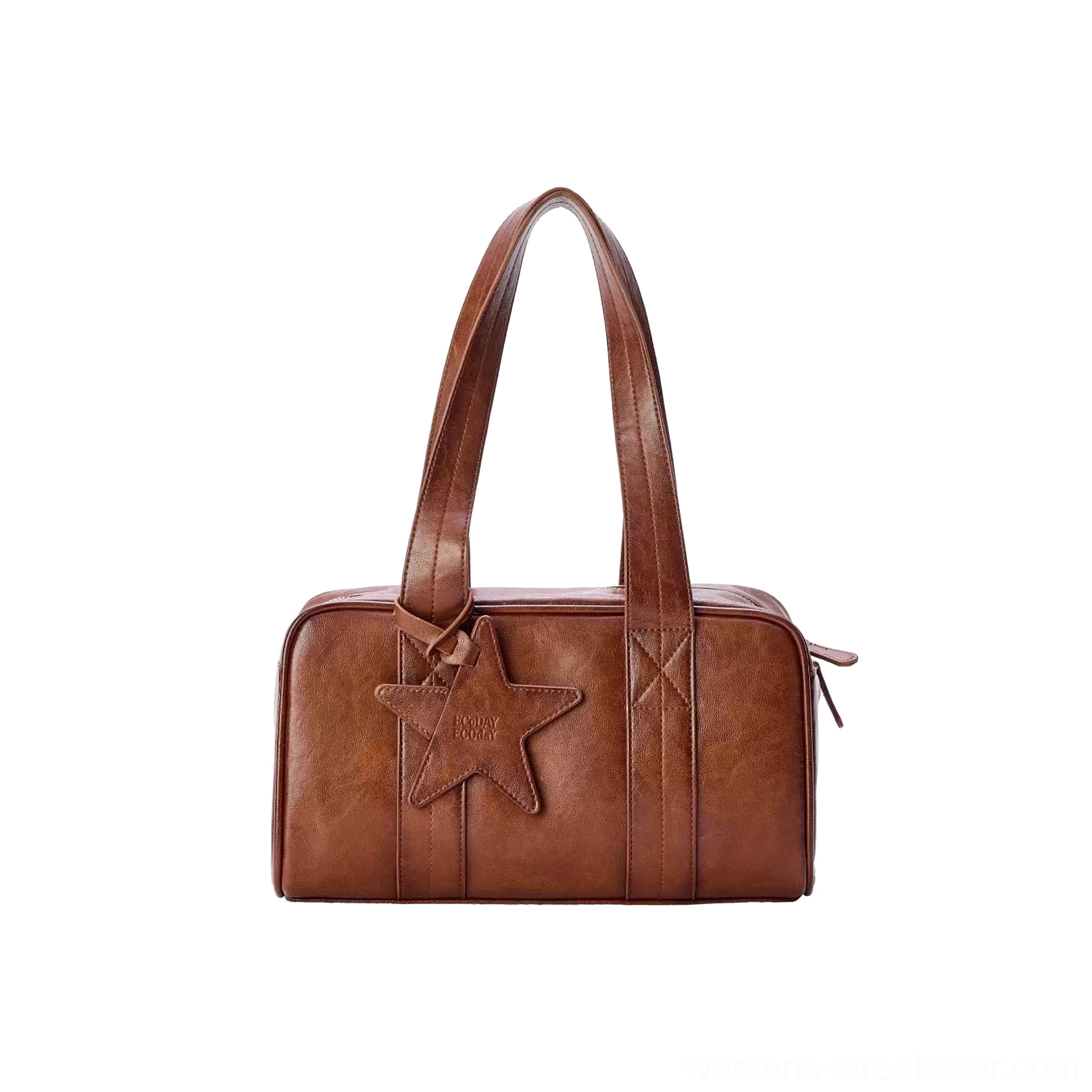 Warm brown vintage star east-west bowling handbag studio product view showing stitched handles, paneling, and hanging star detail