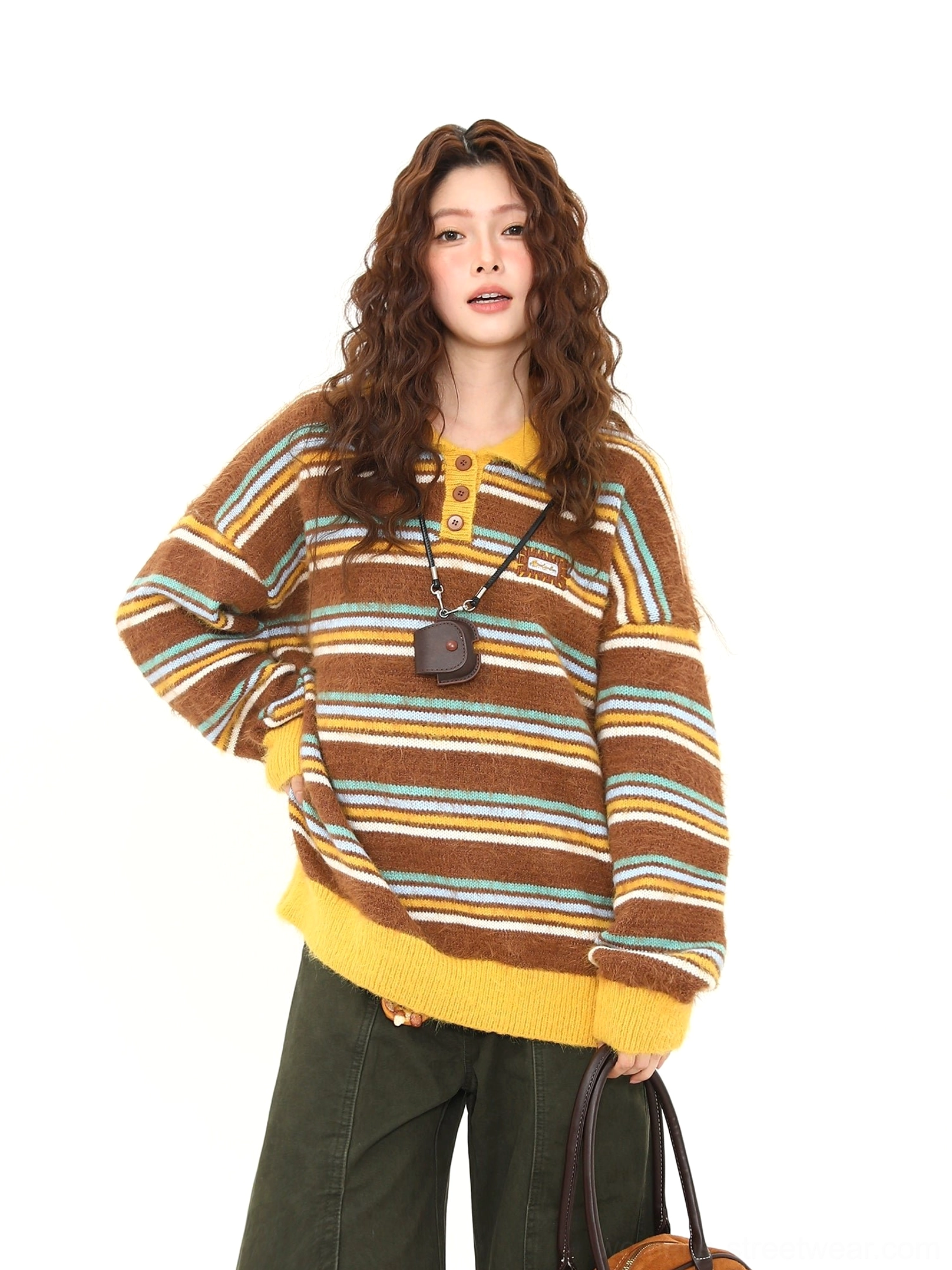 Front styling view of a vintage striped fuzzy knit polo sweater with Henley neckline, contrast collar, pendant necklace, and Korean-inspired streetwear outfit