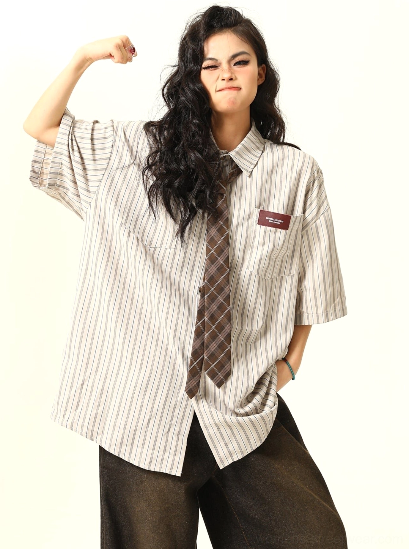 Vintage striped oversized shirt with tie in a relaxed Korean streetwear silhouette for women's casual styling