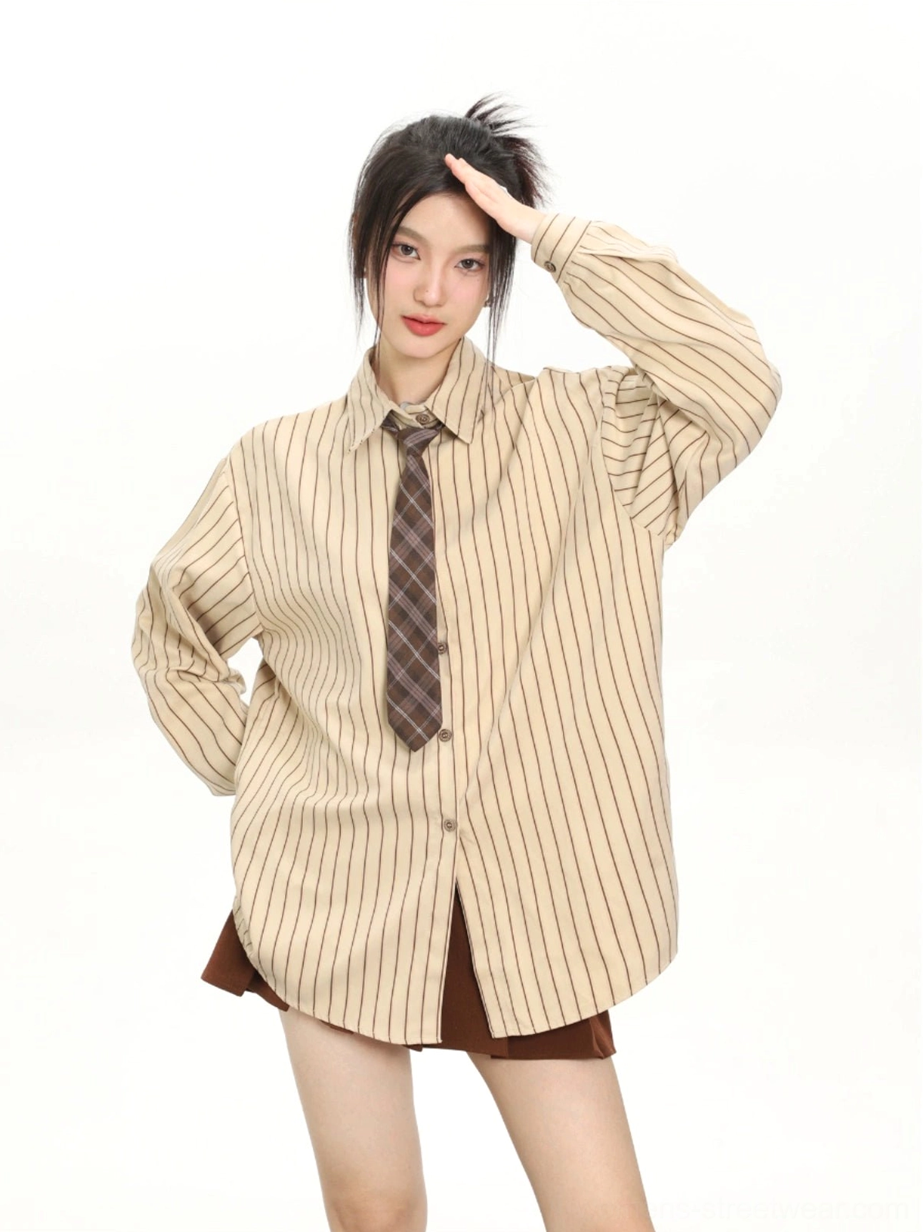 Khaki vertical striped oversized long sleeve shirt styled with a brown plaid tie in a vintage Korean streetwear outfit