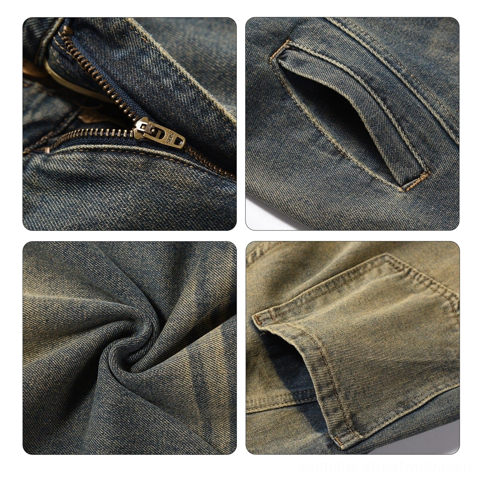 Close-up of metal zipper fly and precise stitching on vintage wash blue carpenter jeans denim