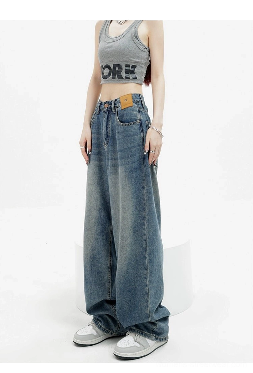 Vintage wash high-waist loose straight-leg floor-length jeans back three-quarter view