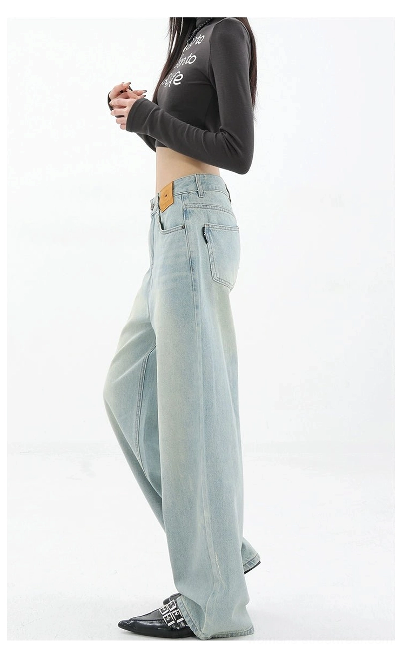 Vintage wash high-waist loose straight-leg floor-length jeans blue wash fashion image