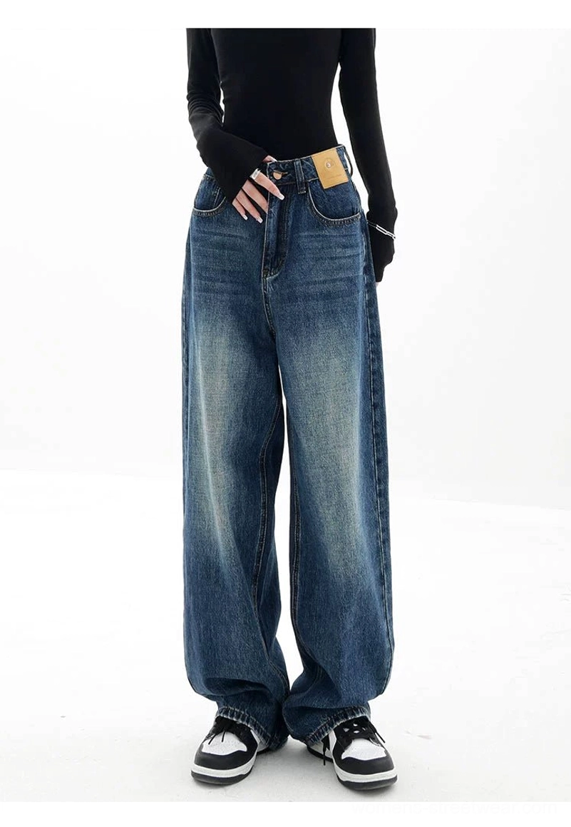Vintage wash high-waist loose straight-leg floor-length jeans product view in blue wash