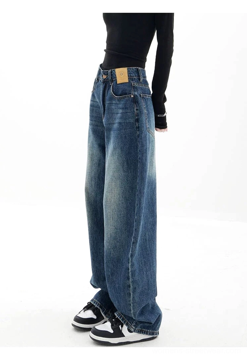Vintage wash high-waist loose straight-leg floor-length jeans casual floor-length denim image