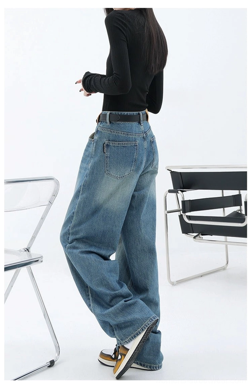 Vintage wash high-waist loose straight-leg floor-length jeans classic denim streetwear image