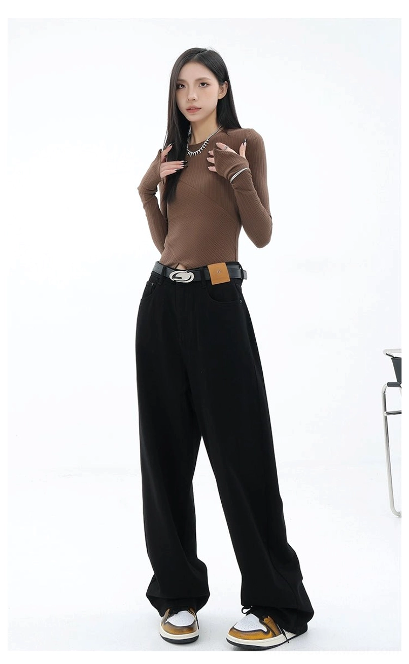 Vintage wash high-waist loose straight-leg floor-length jeans contemporary denim outfit image