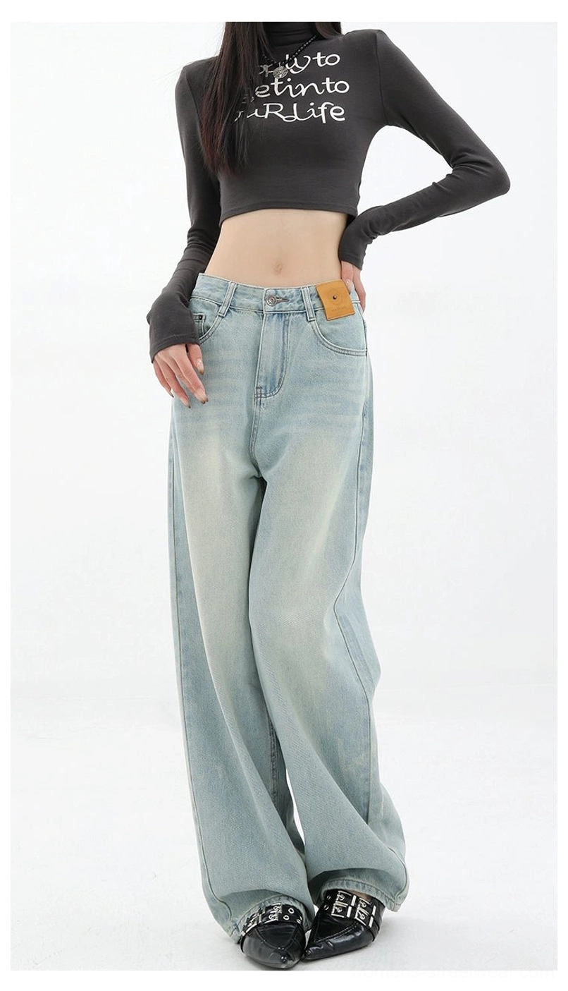 Vintage wash high-waist loose straight-leg floor-length jeans elevated denim look image