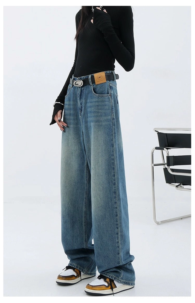 Vintage wash high-waist loose straight-leg floor-length jeans faded wash detail image