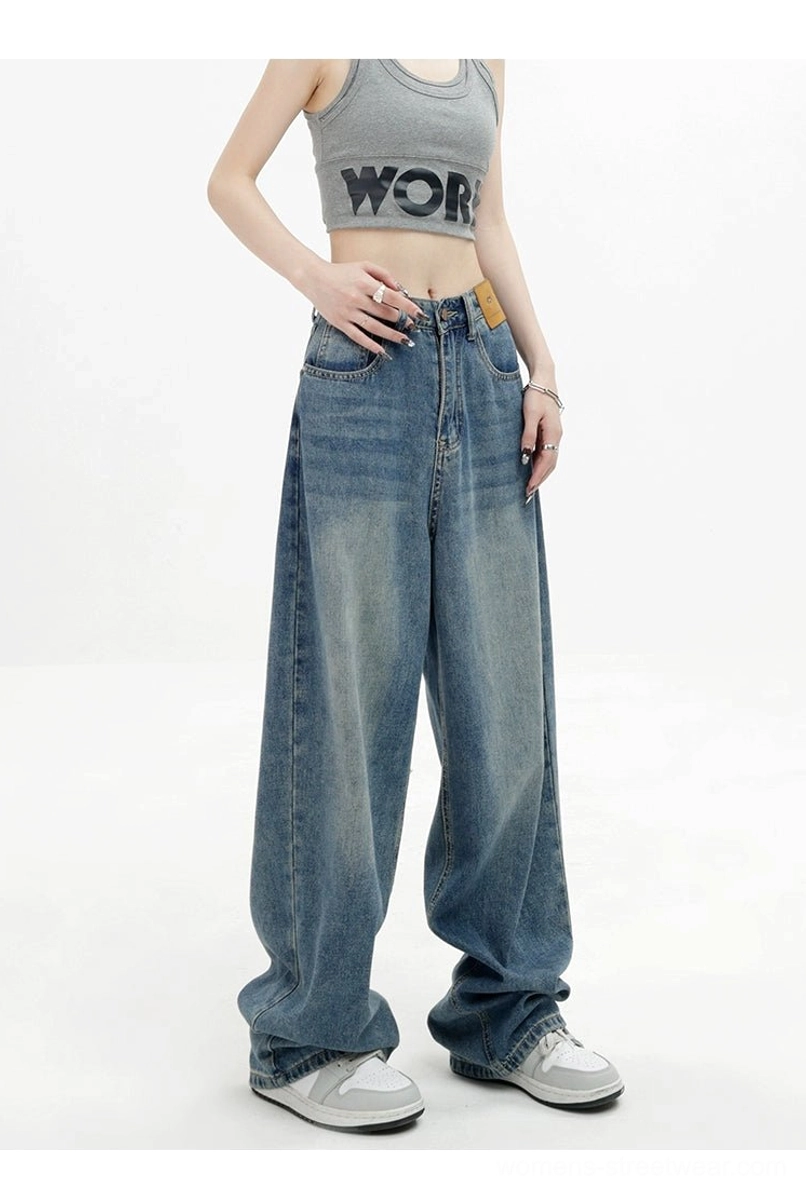 Vintage wash high-waist loose straight-leg floor-length jeans fashion detail image