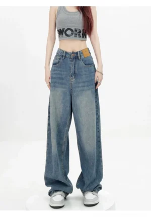 Vintage wash high-waist loose straight-leg floor-length jeans front full-body streetwear outfit view