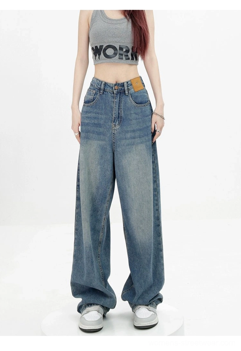 Vintage wash high-waist loose straight-leg floor-length jeans front full-body streetwear outfit view