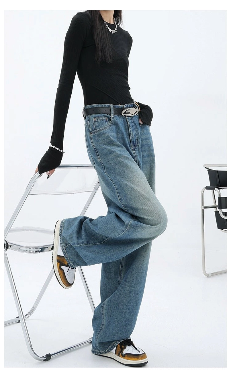 Vintage wash high-waist loose straight-leg floor-length jeans full-length denim product image