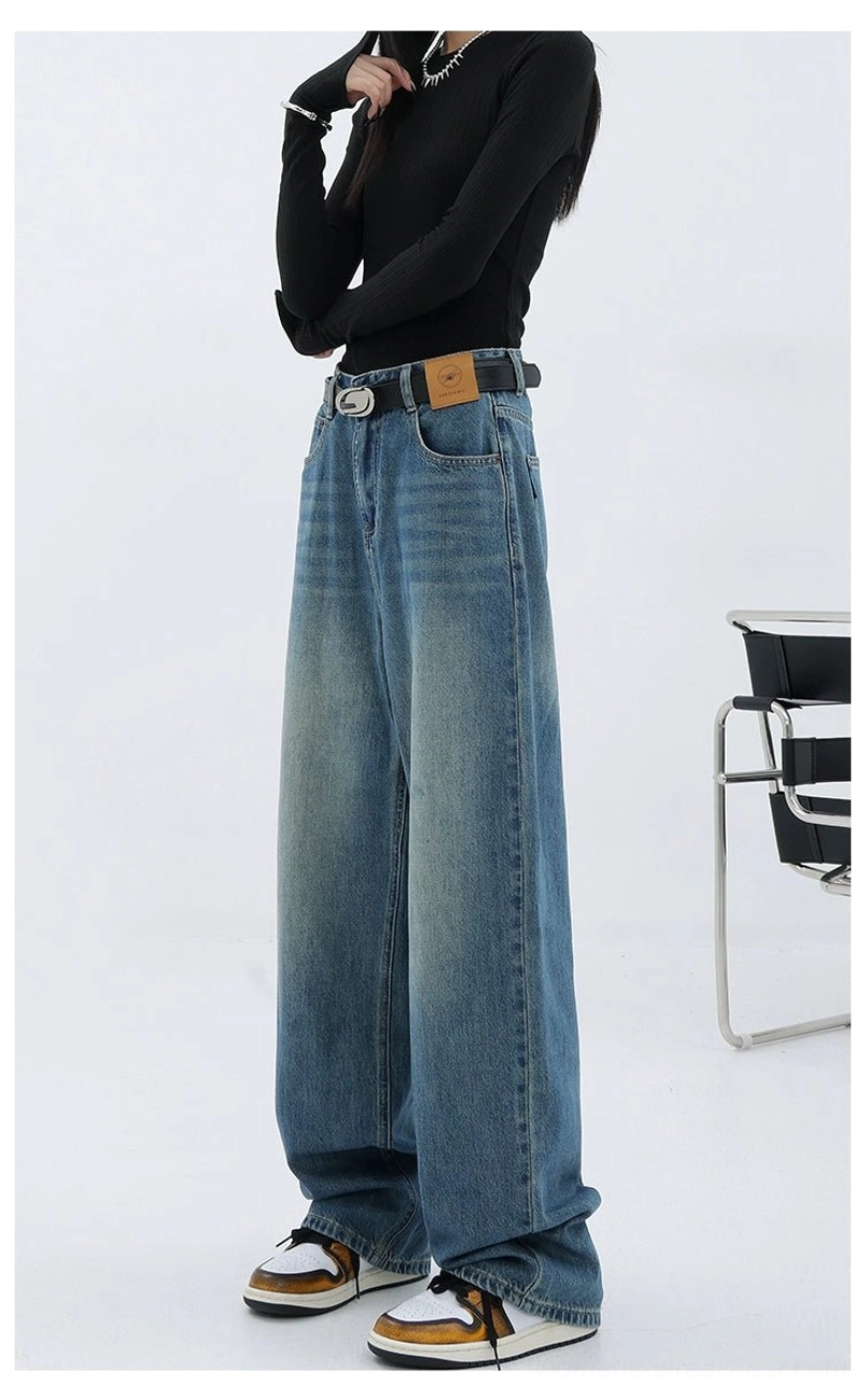 Vintage wash high-waist loose straight-leg floor-length jeans relaxed long-leg silhouette image
