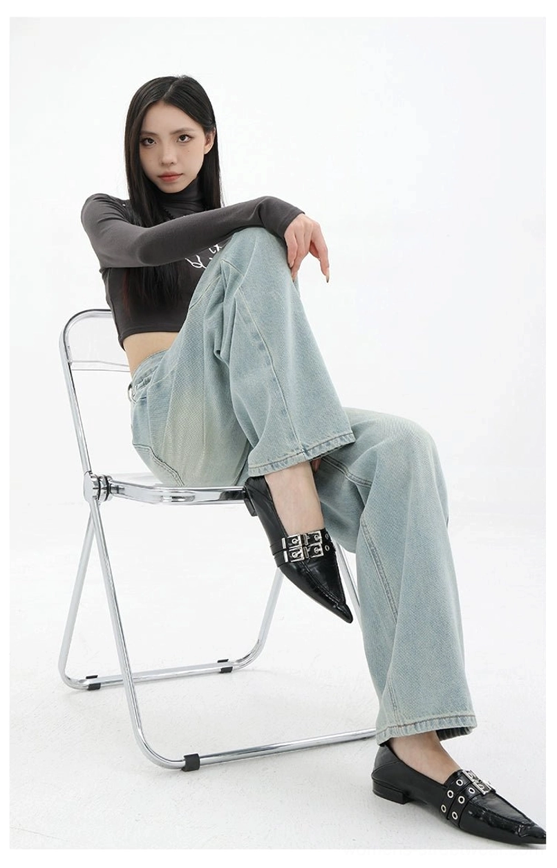 Vintage wash high-waist loose straight-leg floor-length jeans long-leg street style image